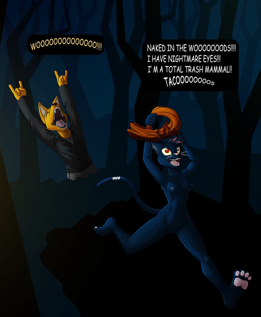 1boy 1girls anthro bandage breasts canine clothed clothing dialogue duo english_text feline female forest fox fully_clothed furry gregg_(nitw) gregg_lee jacket jeans leather leather_jacket lord-kiyo mae_(nitw) mae_borowski male mammal night_in_the_woods nipples notched_ear nude null_symbol pants pawpads pussy red_eyes red_irises running sharp_teeth shirt streaking teeth text toes tongue tree