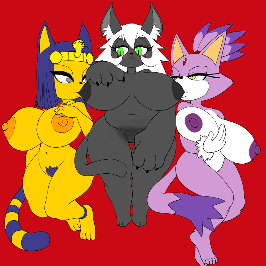 3girls animal_crossing ankha anthro areola areolae big_breasts big_nipples black_fur blaze_the_cat blue_hair blush breast_sucking breasts chubby clothing crossover digital_media_(artwork) egyptian erect_nipples erection feline female female_only fur gloves golden_nipples green_eyes group hair hand_on_breast huge_breasts huge_nipples hyper hyper_breasts large_breasts leskaviene mammal multiple_females multiple_girls nintendo nipple_suck nipples pubic_hair purple_fur pussy ravnic red_background shortstack simple_background slightly_chubby sonic_(series) source_request sucking thick_thighs thighs video_games white_hair yellow_eyes yellow_fur yuri