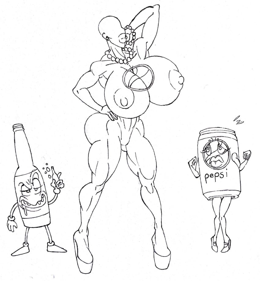 1boy 2girls bald big_breasts bimbo black_and_white bodysuit bracelet busty cleavage curvy drooling drunk erect_nipple erect_nipples eyelashes female front_view group hand_on_hip hands_on_hip hands_on_hips high_heels holding_object hourglass_figure humanoid male multiple_females multiple_girls necklace nipple_bulge pepsi pepsiwoman pose posing saliva simple_background standing sun1sol thick_lips voluptuous white_background