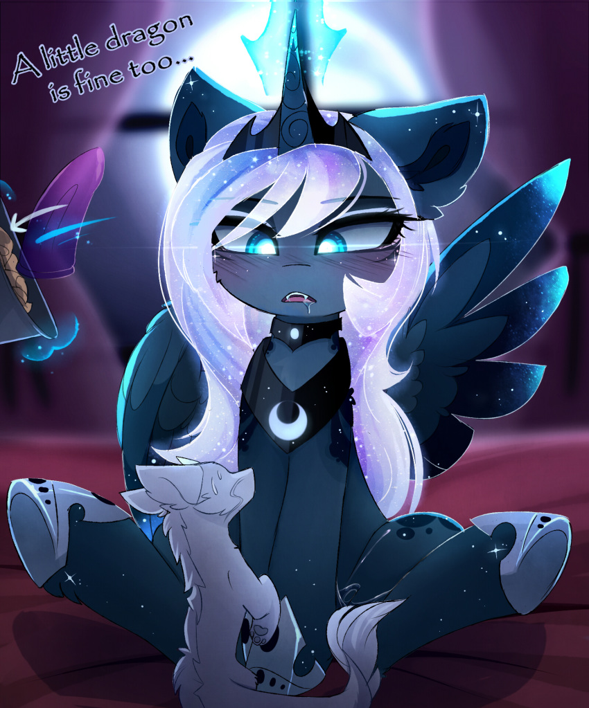 2018 alicorn blue_eyes cosmic_feathers cosmic_hair digital_media_(artwork) dildo dragon eastern_dragon equine eyelashes feathered_wings feathers female feral friendship_is_magic fur hair hooves horn magnaluna mammal my_little_pony open_mouth princess_luna_(mlp) sex_toy sitting teeth tongue white_fur white_hair wings