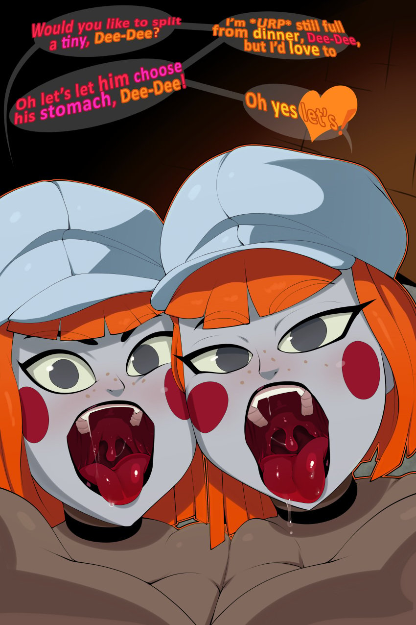 2girls batman_(series) batman_beyond:_return_of_the_joker bob_cut choker clown dc dc_comics dcau dee_dees deidre_dennis delia_dennis female freckles imminent_vore makeup multiple_girls open_mouth sisters text theboogie tongue twins vore