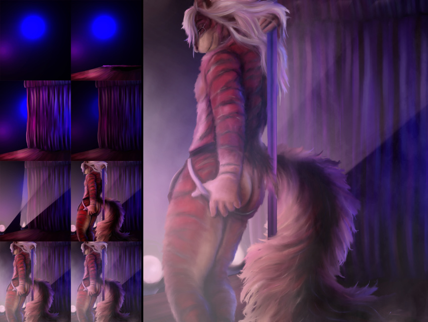 2018 5_fingers anthro backless_panties black_fur black_penis black_stripes brown_nose closed_eyes clothing feline fur glass gloves_(marking) grin hair hand_on_butt killianwalker long_hair male male_only mammal markings multicolored_fur orange_fur panties penis pole pose smile solo standing step_by_step stripes stripper stripper_pole tan_fur teasing tiger tutorial underwear white_fur white_hair