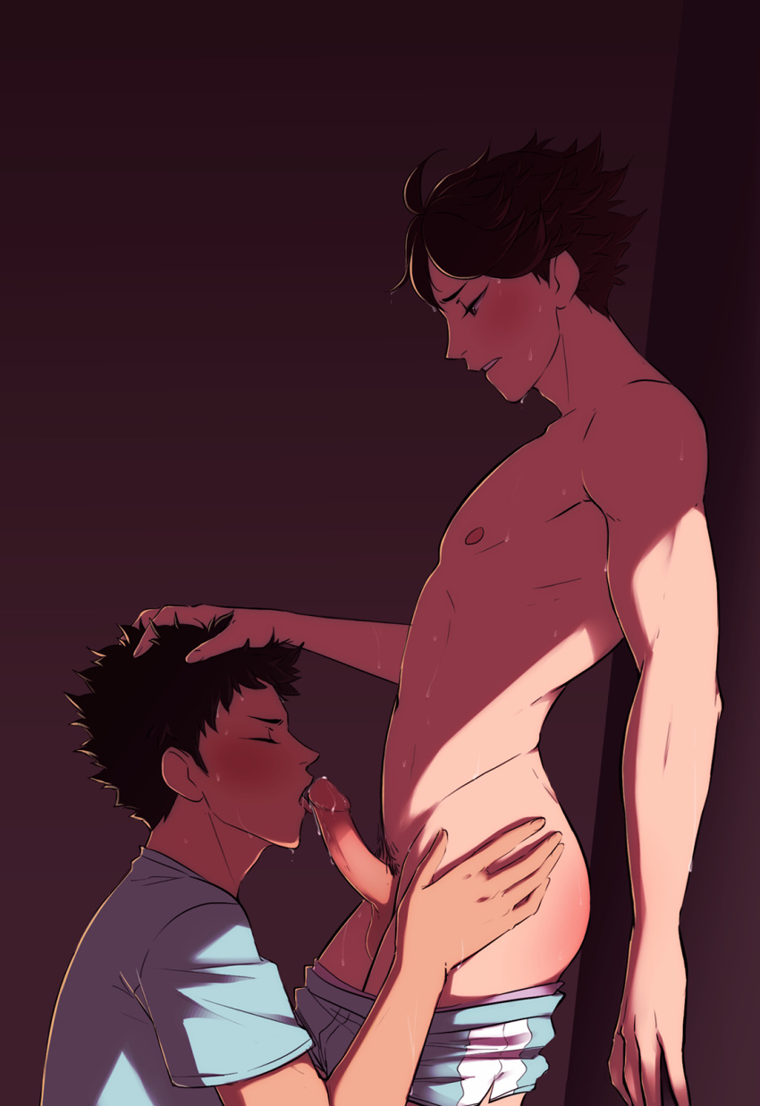 fellatio gay haikyuu!! iwaizumi_hajime male male_only oikawa_tooru_(haikyuu!!) oral pussycatscribbles sweat tagme