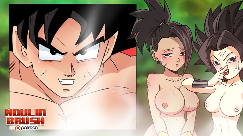 1boy 2girls caulifla dragon_ball dragon_ball_super female kale male moulinbrush multiple_girls nude patreon saiyan son_goku tournament_of_power universe_6/universe_7 universe_6_saiyan/universe_7_saiyan