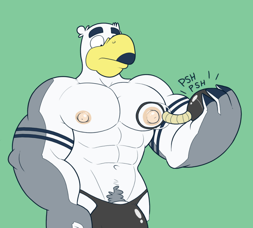 abs anthro anti_dev avian ayden_(brogulls) beak bird brogulls bulge clothed clothing english_text green_background holding_object male male_only muscular nipple_pump nipples pubes seagull simple_background solo standing text topless