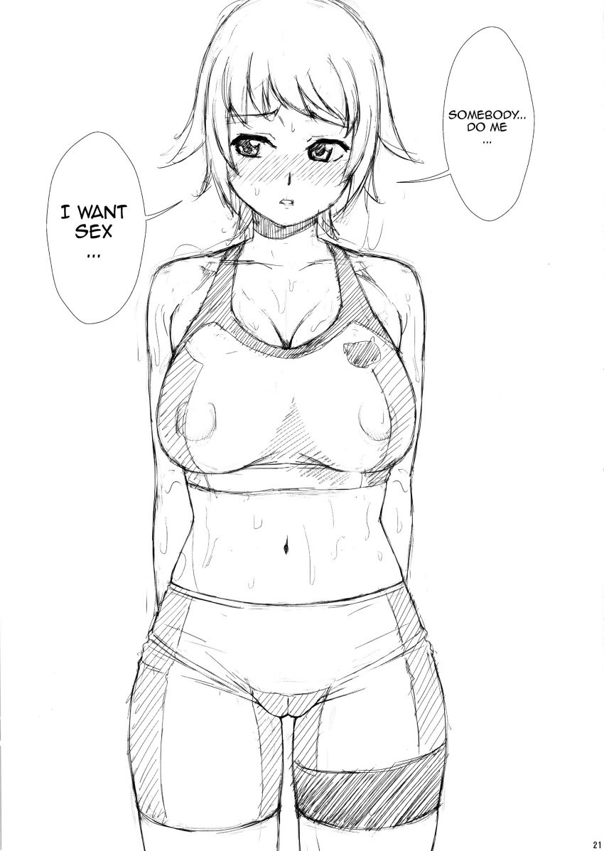 bike_shorts blush breasts cameltoe cleavage english_text erect_nipples greyscale gundam gundam_build_fighters gundam_build_fighters_try highres horny hoshino_fumina large_breasts midriff monochrome ponytail sketch speech_bubble sweat