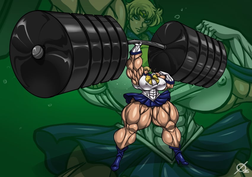 barbell bishoujo_senshi_sailor_moon clothing erect_nipples erect_nipples_under_clothes extreme_muscles female gigantic_breasts haruka_tenou muscles muscular muscular_female osmar-shotgun sailor_uranus skirt weightlifting