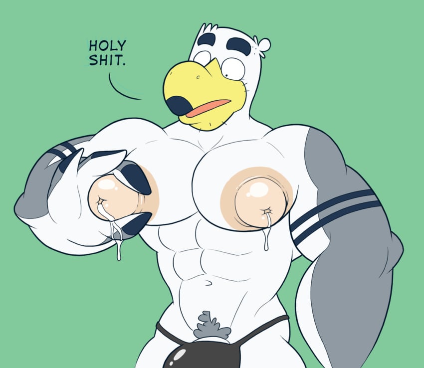 1boy 4_fingers abs albatross anthro anti_dev areolae arm_tattoo avian ayden_(brogulls) barely_clothed beak beefy biceps big_muscles big_nipples big_pecs bird black_g-string black_thong bodily_fluids brogulls bulge clothed clothing color digital_media_(artwork) english_text facial_hair feet_out_of_frame front_view g-string green_background gull huge_areolae huge_nipples humanoid hyper hyper_nipples lactation large_areolae leaking_milk male male_lactation male_only milk milk_drip moobs mostly_nude muscles muscular muscular_male navel nipple_holes nipple_tweak nipples open_beak partially_clothed pecs plain_background pubes pubic_hair puffy_nipples seagull shiny_nipples shocked simple_background solo squeezing_nipple standing stubble surprised tattoo text thick_eyebrows thong topless two_tone_feathers two_tone_skin uncensored underwear wide_eyed yellow_beak