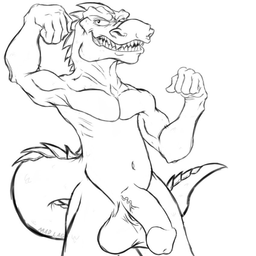 2018 3_fingers anthro balls biceps big_penis claws digital_media_(artwork) dinosaur fangs front_view grin half-erect hi_res humanoid_penis long_tail looking_at_viewer madlag male male_only muscular muscular_male navel nude pecs penis pose scalie sharp_teeth smile solo solo_focus spikes spines teeth theropod tyrannosaurus_rex vein veiny_penis