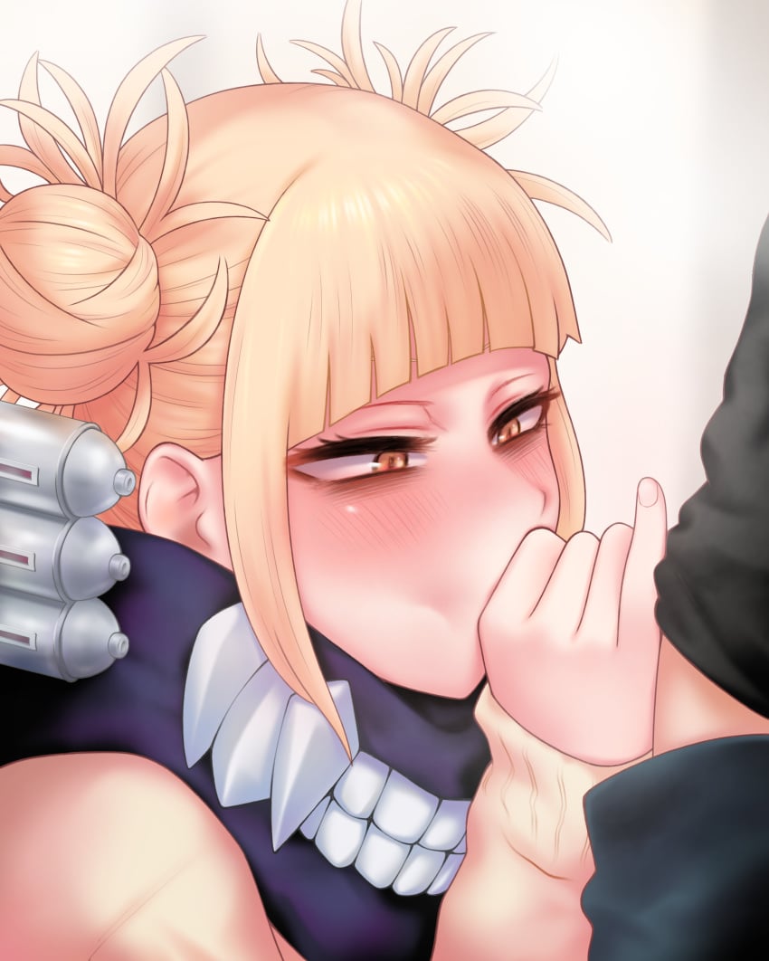 1boy 1girls bad_pixiv_id bangs blonde_hair blowjob blunt_bangs cat_eyes cock_worship deepthroat double_bun eyelashes eyeshadow faceless_male fellatio female fringe hair_bun handjob highres himiko_toga male male_out_of_frame messy_hair my_hero_academia oral school_uniform sharp_teeth shpo solo_focus straight teenager tied_hair unseen_male_face yellow_eyes