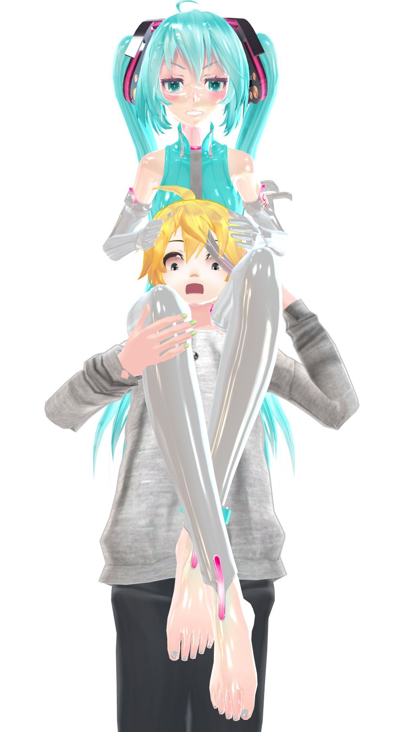 1boy 1girls 3d barefoot blue_eyes blue_hair clothes female grin hands_on_head hands_on_legs hatsune_miku hatsune_miku_(append) holding_leg holding_legs kagamine_len latex looking_at_viewer looking_down male mikumikudance poor_job rubber scared shiny shiny_hair simple_background simpleguy sitting sitting_on_person sitting_on_shoulders vocaloid yellow_hair