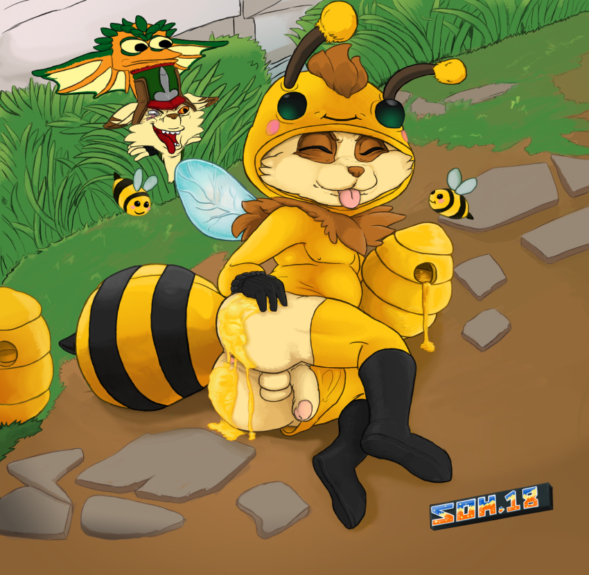 2018 arthropod ass bee beehive beemo bees_series blep boots chin_tuft closed_eyes cute detailed_background food food_play footwear fur grass group highres honey honey_dipper humanoid_penis insects kled league_of_legends lizard looking_at_viewer male male_only mammal open_mouth peeping penis presenting presenting_hindquarters reptile riot_games s-o-husky scalie shortstack skaarl smile teemo teeth testicles tongue tongue_out wings yellow_eyes yordle