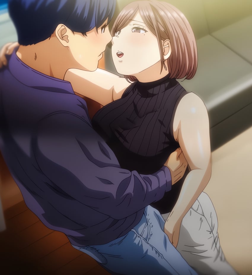 1boy 1girls 2d apartment blue_hair blush boobs breasts brown_hair bulge bulge_grab bulge_through_clothing clothed clothed_female clothing female furachi hentai hentai_series indoors light-skinned_female light_skin male pale-skinned_female pale_skin screencap screenshot standing stitched t-rex_(animation_studio) upscaled