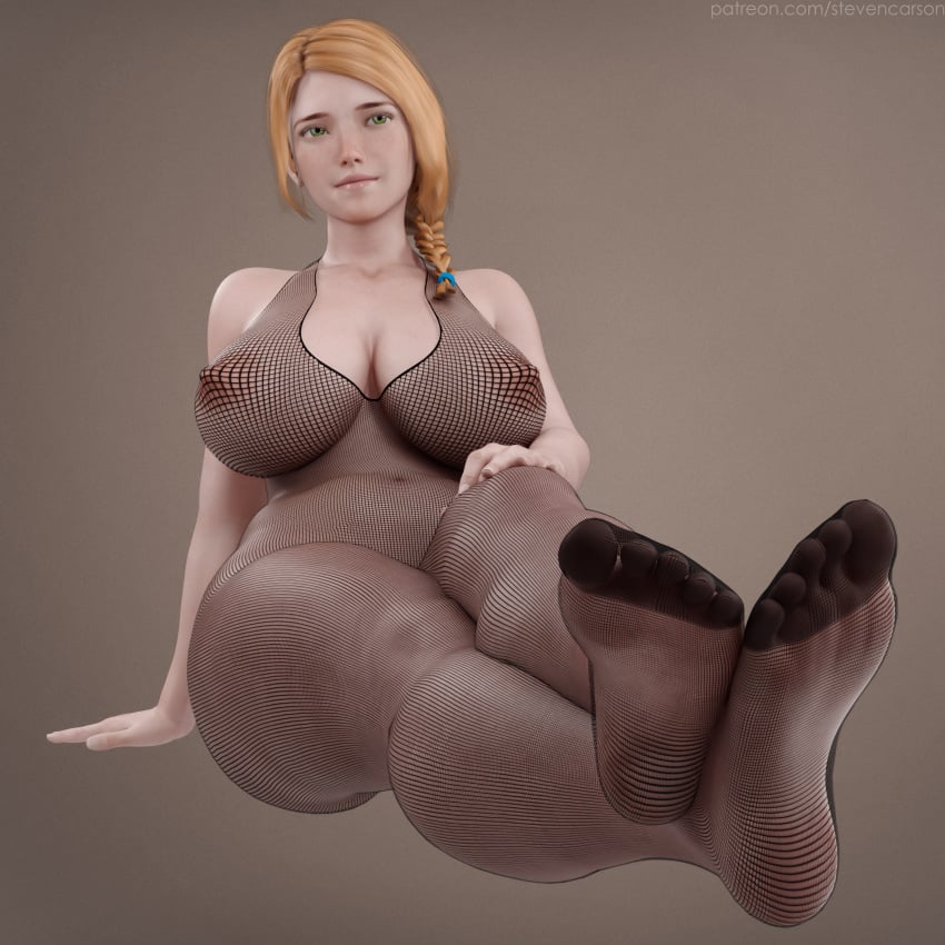 3d absurdres areolae aurora_(zero_one) big_breasts blonde_hair bodystocking breasts feet female female_only fishnet highres large_breasts nipples pov_feet presenting_feet sheer_legwear soles solo stevencarson thick_thighs