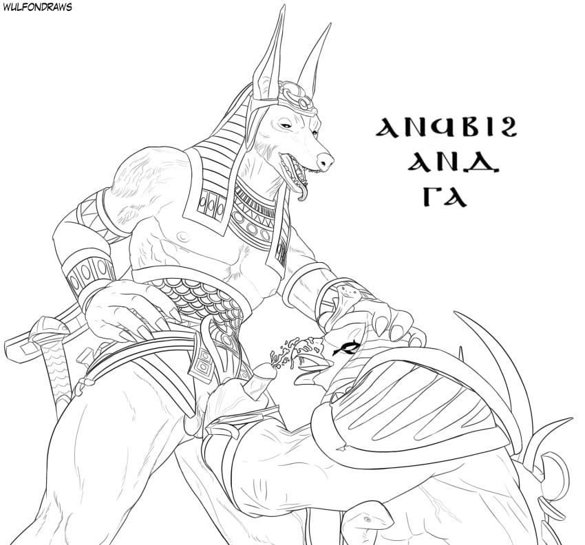 2018 anthro anubis_(smite) avian balls beak bird blowjob canine cum cum_on_beak deity digital_media_(artwork) duo egyptian egyptian_mythology erection falcon fellatio hi_res humanoid_penis male male_nipples male_only mammal masturbation monochrome muscular open_mouth oral penis penis_grab ra_(smite) sex small_balls smite testicles tongue video_games wulfondraws