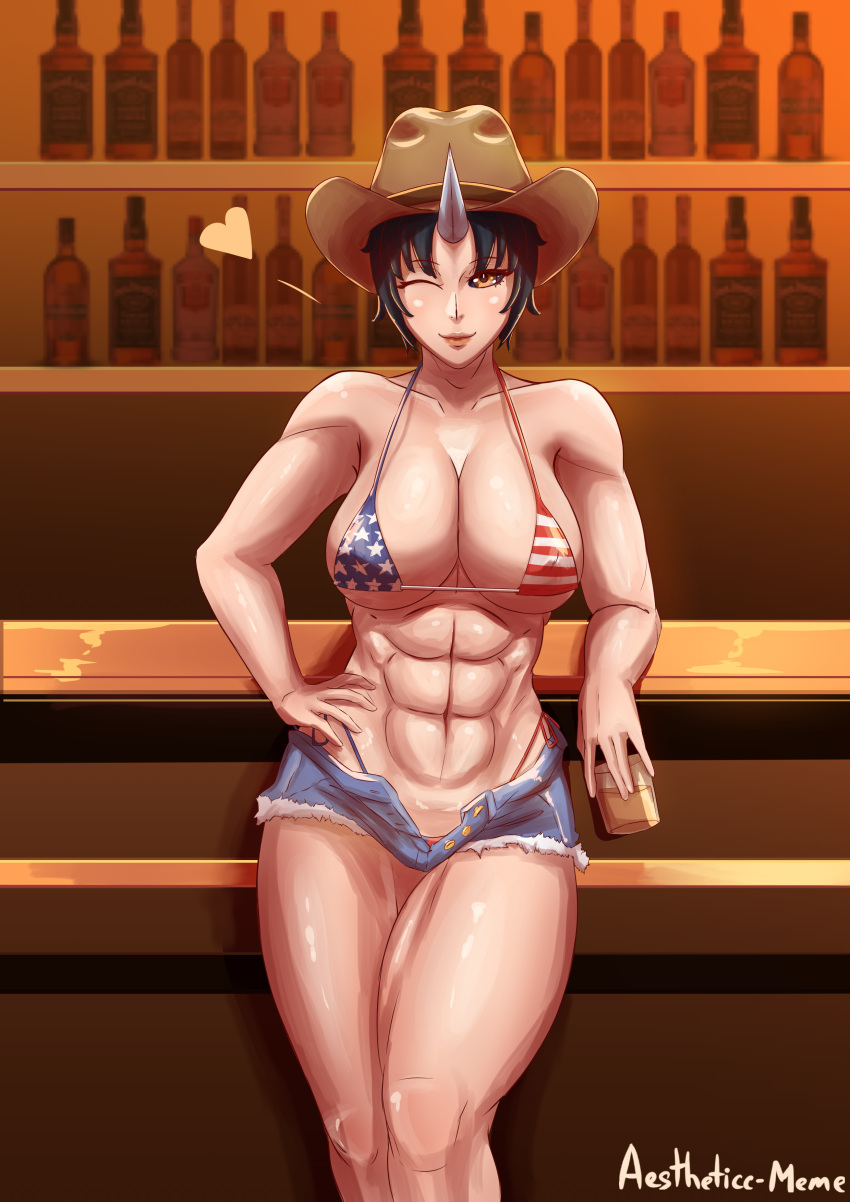 1girls abs aestheticc-meme bar belly big_breasts bikini black_sclera bra breasts brown_eyes cleavage daisy_dukes daisy_dukes_bikinis_on_top denim drink eyelashes female female_only glass hand_on_hips hat heart holding horn huge_breasts large_breasts looking_at_viewer monster_girl muscles muscular muscular_female navel oni original_character panties shorts side-tie_panties solo text thick_thighs watermark wide_hips wink