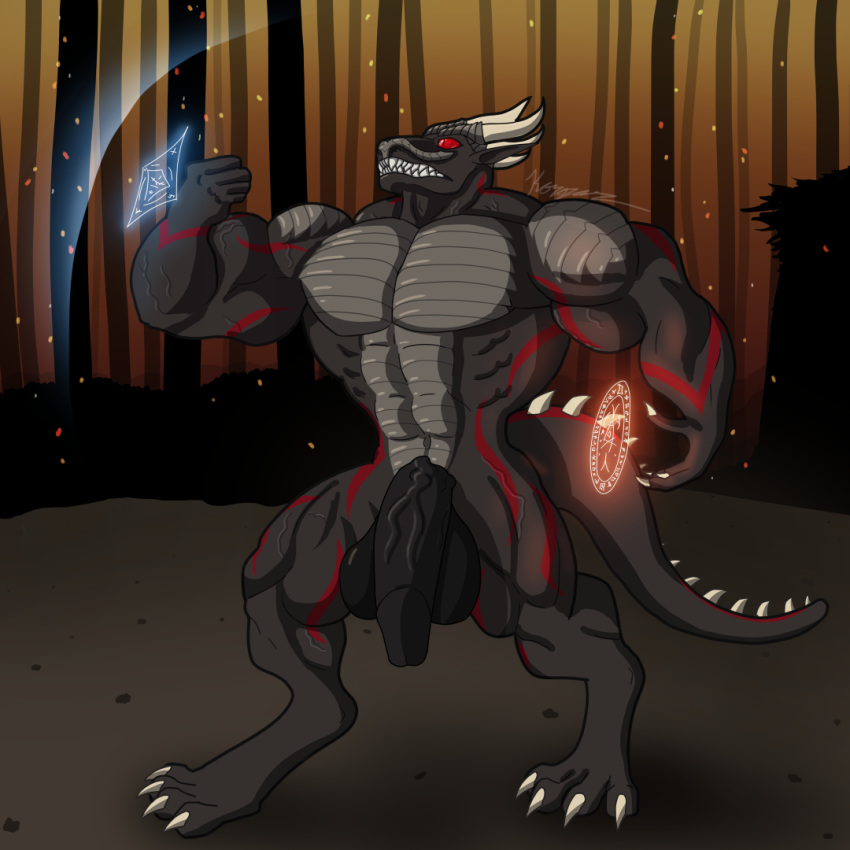 abs anthro balls big_muscles big_penis burning claws clothed clothing digitigrade dragon flaccid forest hyper korozar_(artist) korozar_(character) line_art magic male male_only muscular muscular_male outside partially_clothed penis raised_arm red_eyes scalie shaded solo standing teeth tree vein veiny_penis