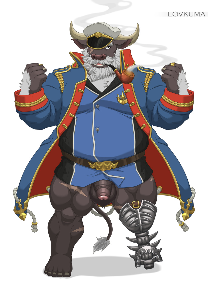 1boy ahab_(tokyo_afterschool_summoners) amputee anthro balls beard bottomless bulge clothed clothing facial_hair flaccid furry hat horn lovkuma male male_only moustache pegleg penis pipe sailor scar smoking solo tokyo_afterschool_summoners uncut water_buffalo