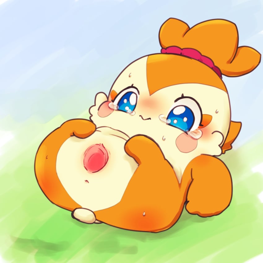 anthro anus avian blue_eyes blush blush_sticker cocotama female gaping gaping_pussy hi_res himitsu_no_cocotama lying nude on_back pussy sakaeguchi_okarina semi-anthro solo suei_(cocotama) sweat tears