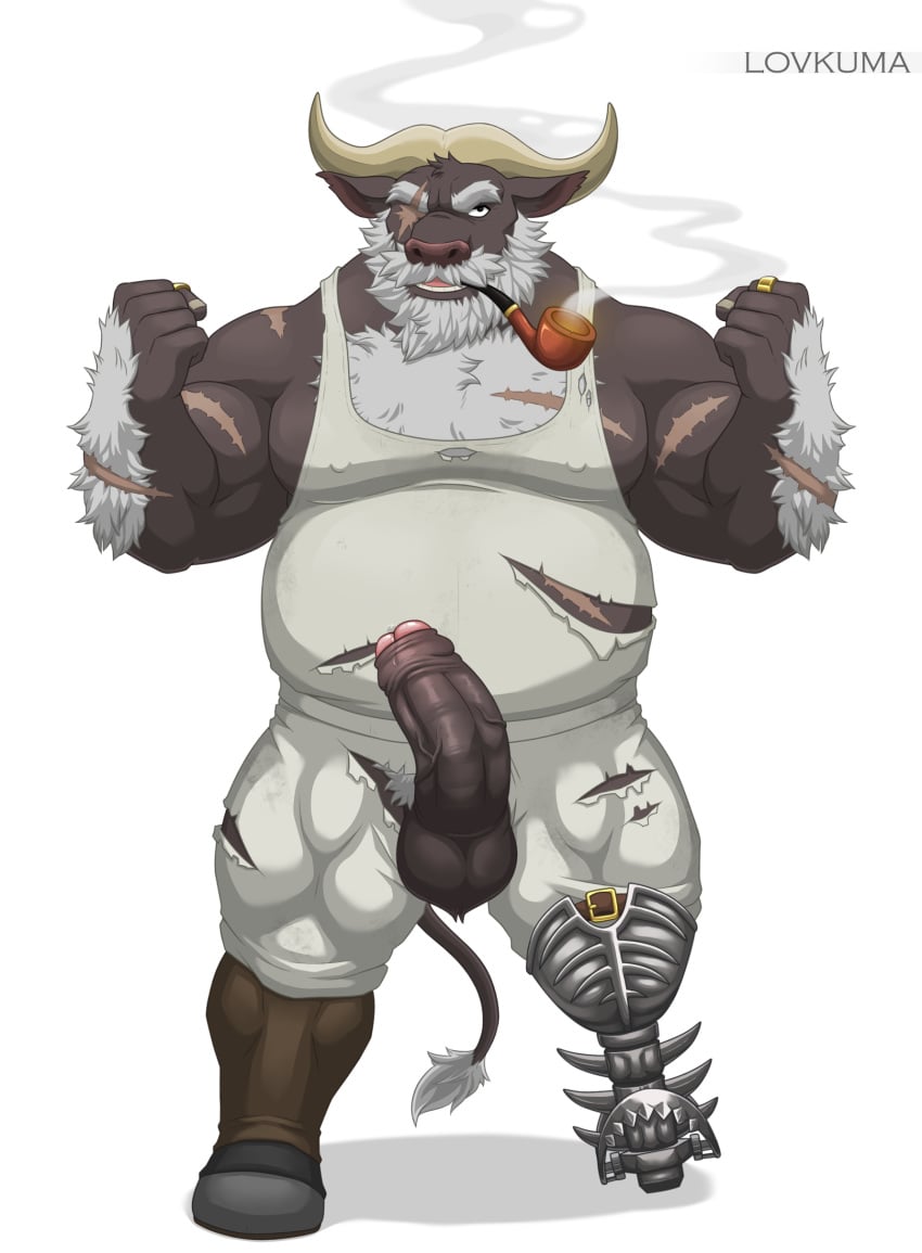 ahab_(tokyo_afterschool_summoners) amputee anthro balls beard big_penis bottomless bulge clothed clothing erection facial_hair furry hat horn lovkuma male male_only moustache pegleg penis pipe sailor scar smoking tokyo_afterschool_summoners uncut water_buffalo