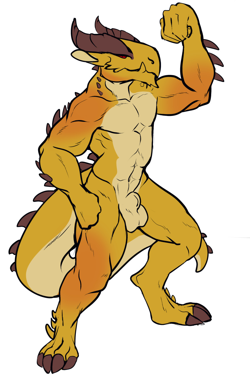 1boy abs animal_genitalia anthro balls beezlebumawoken biceps claws flexing gold_scales hi_res horn invalid_tag ky_vaath looking_at_viewer male male_only muscular muscular_male navel nude pose red_eyes shagaru_magala sheath simple_background solo spines standing white_background