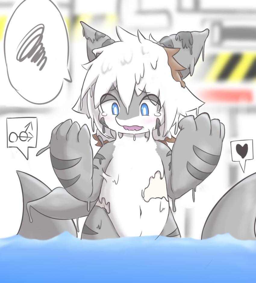 ambiguous_gender animal_genitalia anthro changed_(video_game) fish genital_slit group heart hi_res kuxase_huziko lin_(changed) marine monster open_mouth rubber shark shark_(changed) slit solo_focus speech_bubble tears tiger_shark_(changed) tigershark transformation water ♂