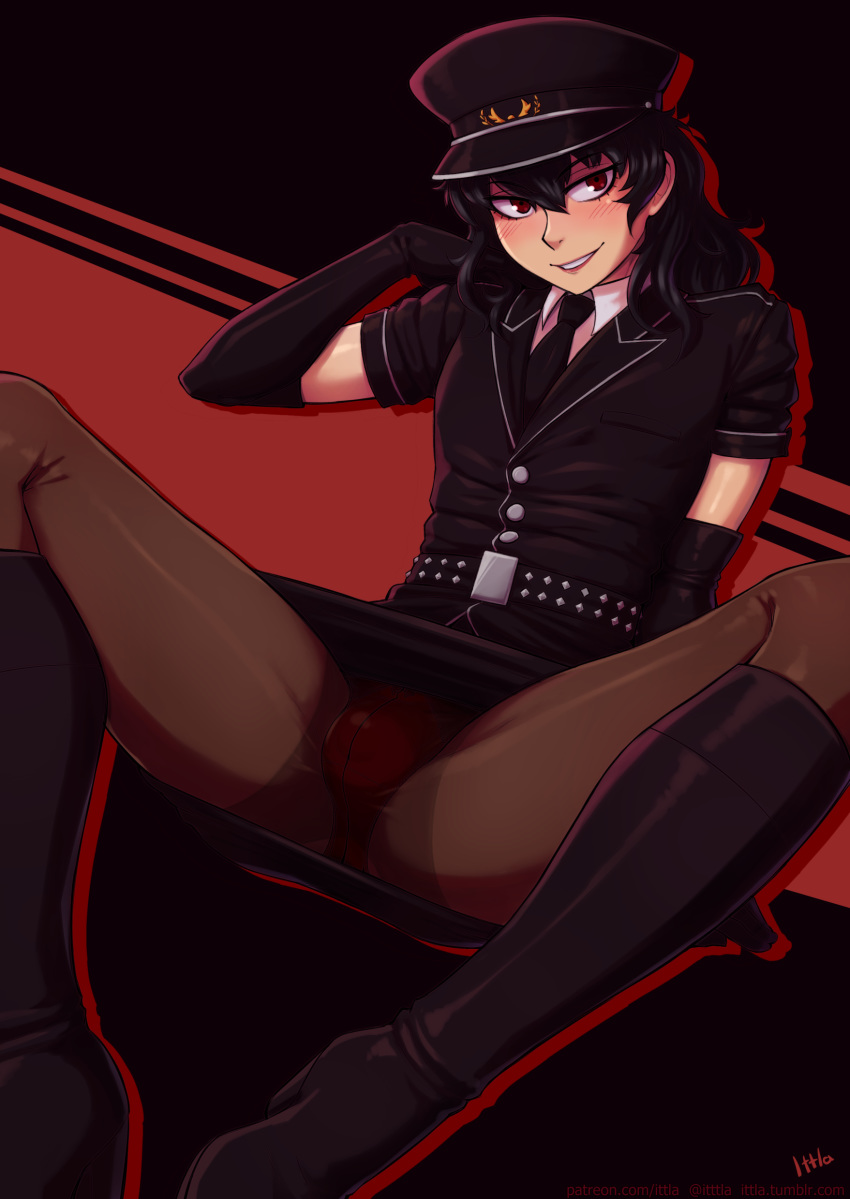 1boy akira_kurusu atlus black_hair blush boots bulge crossdressing femboy girly gloves high_heel_boots highres ittla joker_(persona) kneehighs looking_at_viewer male male_only megami_tensei pantyhose persona persona_5 persona_5:_dancing_star_night police police_uniform red_eyes ren_amamiya shin_megami_tensei spread_legs tagme trap