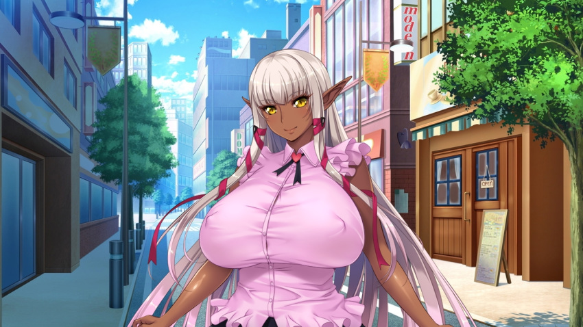 aoi_nagisa_(metalder) breasts clothing dark_elf elf evelyn_celebrian female game_cg huge_breasts restaurant shirt youkoso!_sukebe_elf_no_mori_e