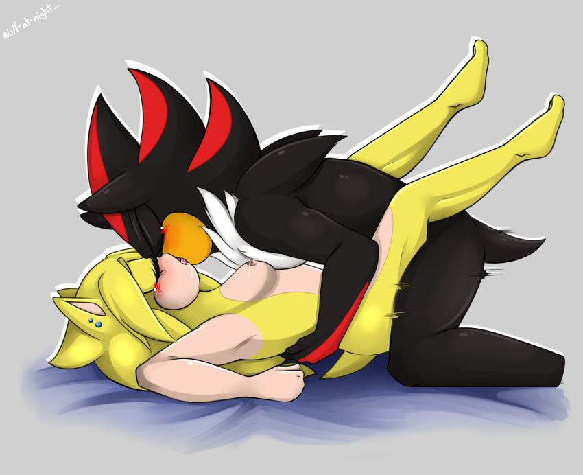 anthro black_fur blush breasts chest_tuft closed_eyes couple duo female grey_background hedgehog holding kissing lactation legs legs_up lying male mammal maria_robotnik maria_the_hedgehog medium_breasts milk nipples plow romantic romantic_couple saliva sega shadow_the_hedgehog simple_background sonic_(series) straight tail thighhighs thighs tuft wolfatnight1999 yellow_fur yellow_hair