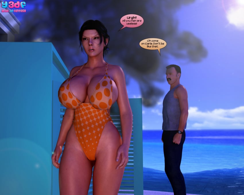 3d angry big_breasts bikini black_hair breasts cleavage female huge_breasts male milf outdoors short_hair swimsuit water y3df