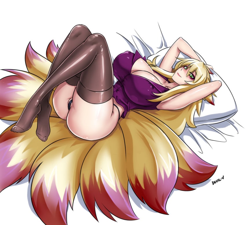 animal_ears blonde_hair breasts cleavage devil-v female fox_ears from_above green_eyes highres huge_breasts long_hair looking_at_viewer lying makeup mascara multi_tail multiple_tails on_back original panties pillow smile solo tail thighhighs underwear