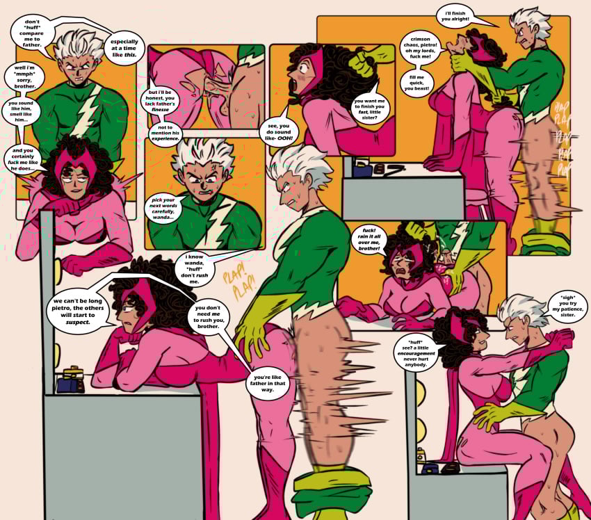 agressive_sex arms_around_shoulders arms_wrapped_around_partner avengers brother_and_sister brown_skinned_female brown_skinned_male comic cum_on_ass cum_on_body dialogue dirty_talk doggy_style hair_pull hair_pulling head_grab head_tilt incest marvel marvel_comics panels pants_around_ankles pants_down pietro_maximoff pull_out quicksilver scarlet_witch siblings sitting_on_table speed_lines standing standing_sex super_speed sweating table_sex teasing thrusting thrusting_into_pussy uninterested uninterested_sex vaginal_penetration vigilante_ink wanda_maximoff