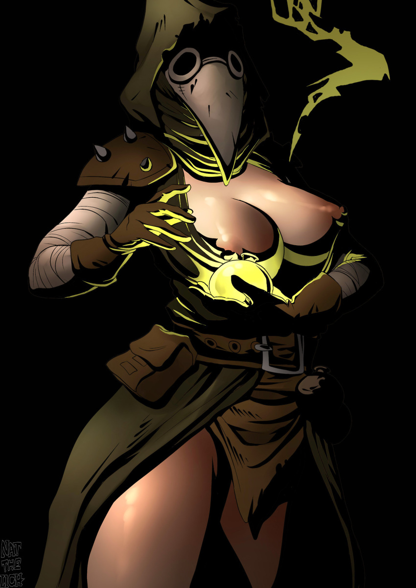 1girls arm_wraps beak beak_mask belt breasts brown_belt brown_clothing brown_gloves cleavage clothed cowl darkest_dungeon female female_only flask front_view gas_mask gloves goggles gothic_artstyle holding_flask holding_object hood_up leather_armor leather_belt leather_clothing leather_gloves long_gloves mask masked medieval_clothing natthelich nipples plague_doctor plague_doctor_(darkest_dungeon) pouch satchel shoulder_pads shoulder_spikes solo solo_focus wrappings