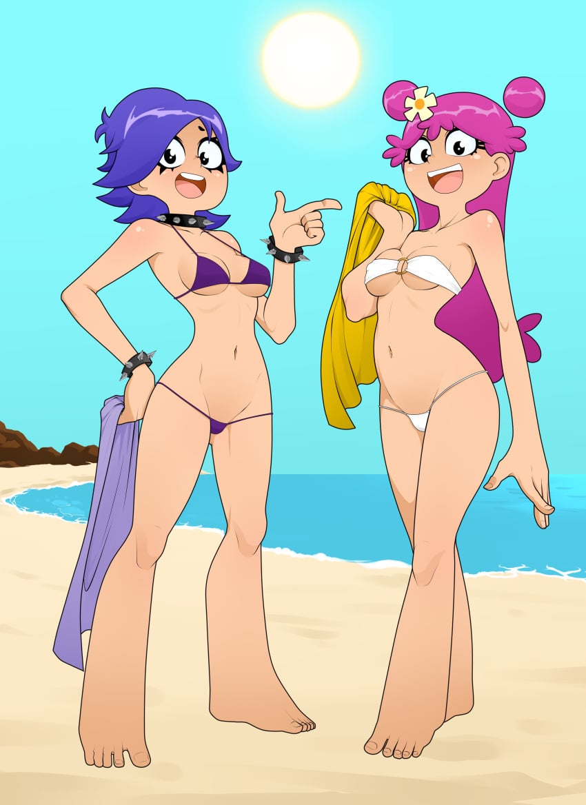 2girls ami_onuki beach bikini bracelet cartoon_network clothed duo female_only flower happy_female hi_hi_puffy_amiyumi human navel neckwear pale_skin pink_hair purple_hair rodjim spiked_bracelet spiked_collar sunbathing swimsuit swimwear towel wristwear yumi_yoshimura