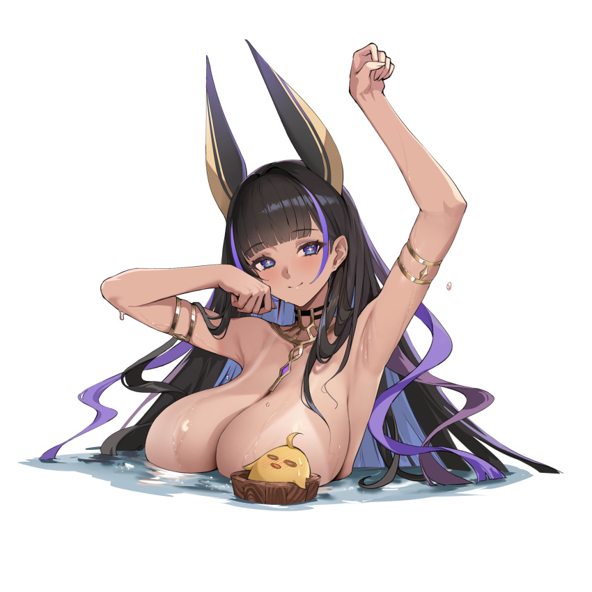 animal_ears arm_up armlet armpits arms_up azur_lane bathing black_hair blue_eyes blunt_bangs blush breasts cg choker cleavage cleopatra_(azur_lane) cleopatra_(stars_and_roses)_(azur_lane) closed_mouth colored_inner_hair convenient_censoring dark-skinned_female dark_skin female huge_breasts jewelry large_breasts long_hair looking_at_viewer manjuu_(azur_lane) multicolored_hair nude partially_submerged purple_hair simple_background smile solo streaked_hair tan tanlines two-tone_hair upper_body water wet white_background