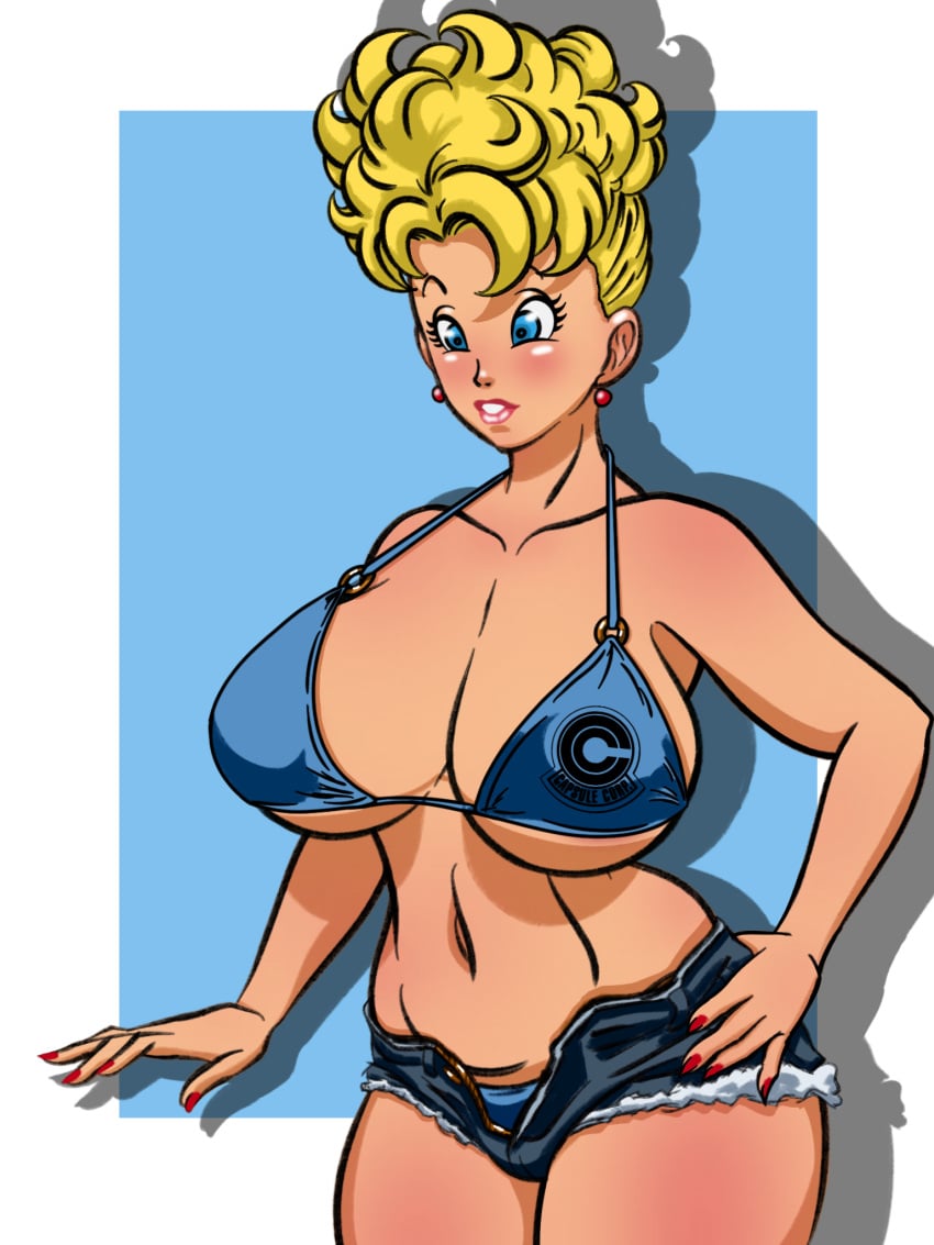 1girls bedaxe bikini blonde_hair blue_eyes blush breasts capsule_corporation_logo denim denim_shorts dragon_ball dragon_ball_super earrings gilf grandmother huge_breasts large_breasts lipstick mature panchy panchy_(dragon_ball) panchy_briefs short_shorts