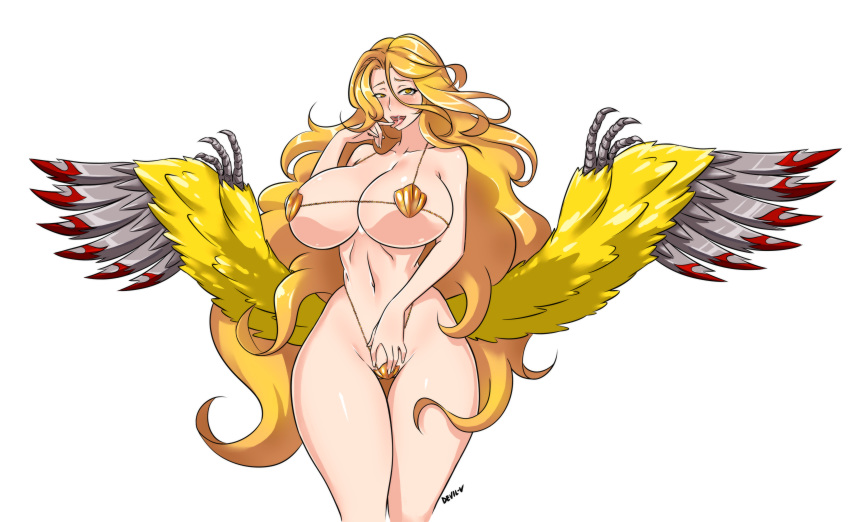 absurdres bikini blonde_hair blush breasts devil-v female finger_to_tongue highleg highleg_bikini highres huge_breasts long_hair looking_at_viewer navel open_mouth original saliva shell shell_bikini simple_background smile solo swimsuit thigh_gap tongue tongue_out very_long_hair wide_hips wings yellow_eyes