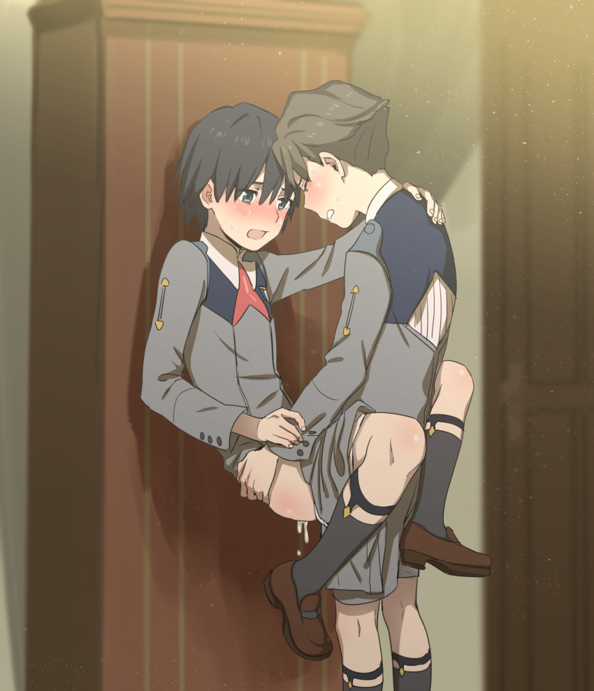 2boys anal black_legwear blue_eyes blush bomhat brown_footwear check_commentary closed_eyes cum darling_in_the_franxx gay hand_on_another's_arm hand_on_another's_back highres hiro_(darling_in_the_franxx) holding_legs looking_at_another male_focus military military_uniform mitsuru_(darling_in_the_franxx) multiple_boys necktie red_neckwear sex shoes shorts shorts_down shorts_pull socks uniform yaoi