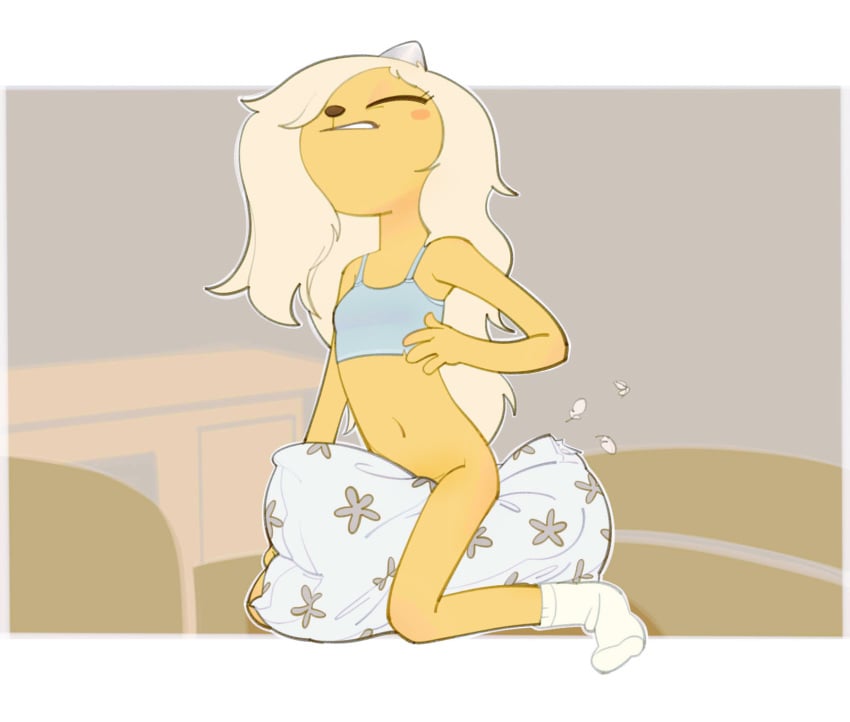 4_fingers adventure_time anthro blonde_hair bottomless breasts bronwyn canine cartoon_network closed_eyes clothed clothing female fur hair hi_res horn junyois mammal masturbation pillow pillow_humping small_breasts solo wince yellow_fur