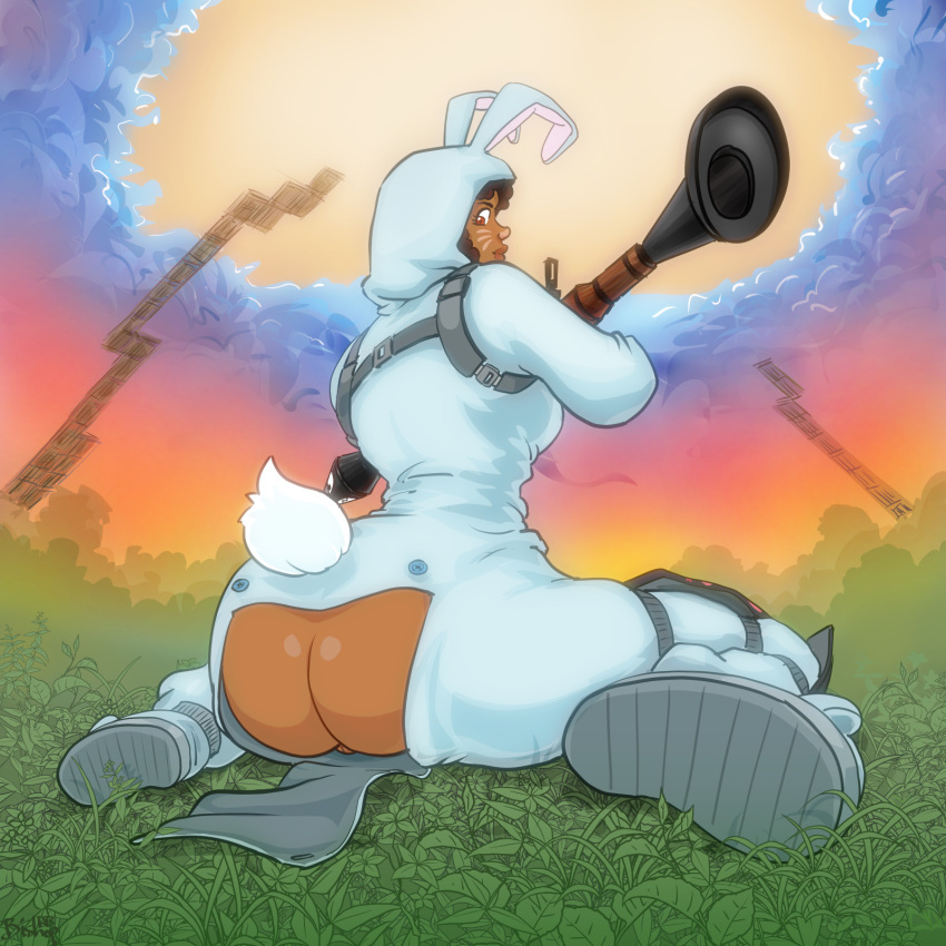 ass ass_cutout big_lips bishopbb brown_eyes brown_hair bunny bunny_brawler bunny_costume bunny_ears bunny_tail butt_flap dark-skinned_female dark_skin fake_animal_ears fake_rabbit_ears female female_only footwear fortnite grass highres hood huge_ass human looking_back luna_(fortnite) onesie outdoors pajamas pussy ranged_weapon rocket_launcher sitting slippers solo weapon whisker_markings