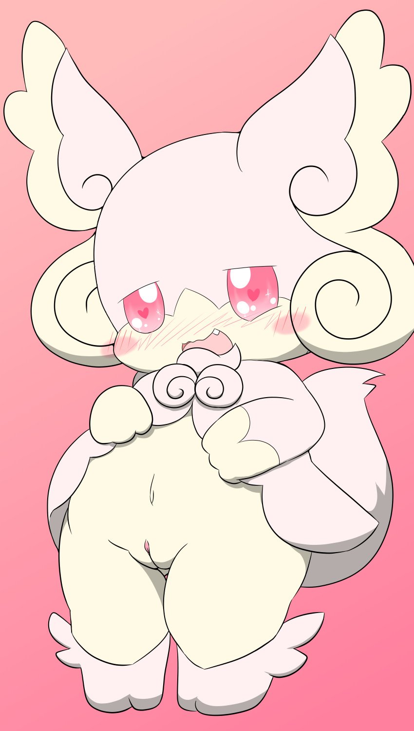 1girls 3_fingers absurd_res audino belly big_ears blush bottomless dress fairy fang feet female female_only fur furry furry_only half-closed_eyes heart heart-shaped_pupils hi_res looking_at_viewer looking_down mega_audino mega_evolution navel nintendo open_mouth pink_background pink_eyes pink_fur pokémon_(species) pokemon pussy solo standing tail tatwuyan thick_thighs tongue video_games wide_hips yellow_fur