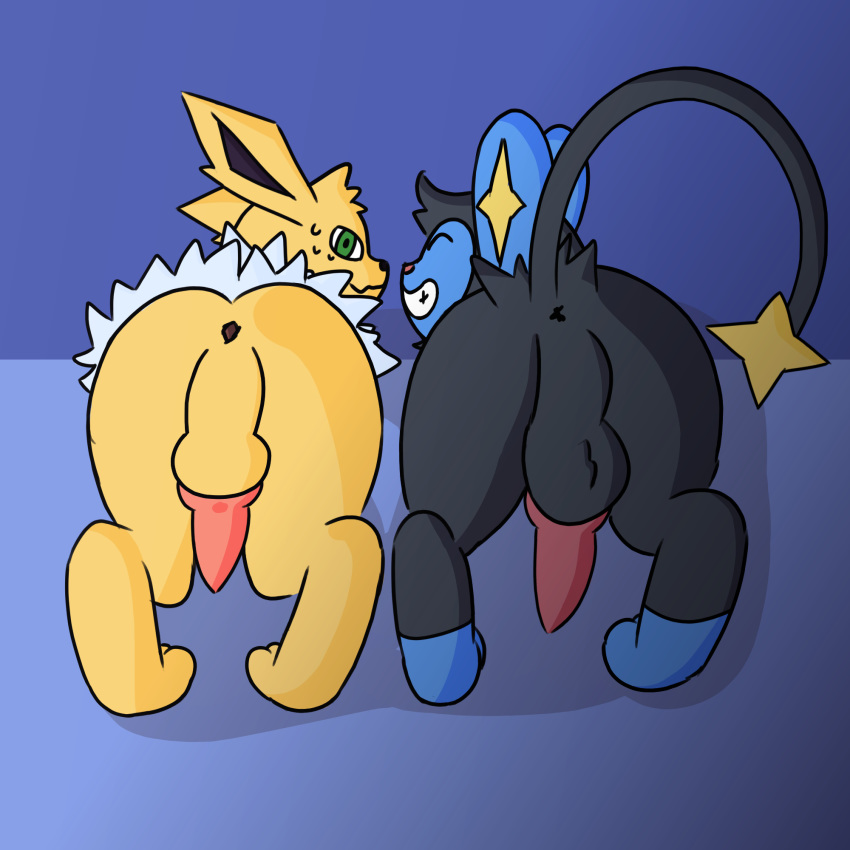 2019 animal_genitalia anus ass balls baryon_(otterjunk) canine duo eeveelution erection feline feral fur hi_res jolteon knot levin_(levinluxio) luxio male mammal nintendo nude otterjunk penis pokémon_(species) pokemon pokemon_(species) simple_background smile sweat video_games