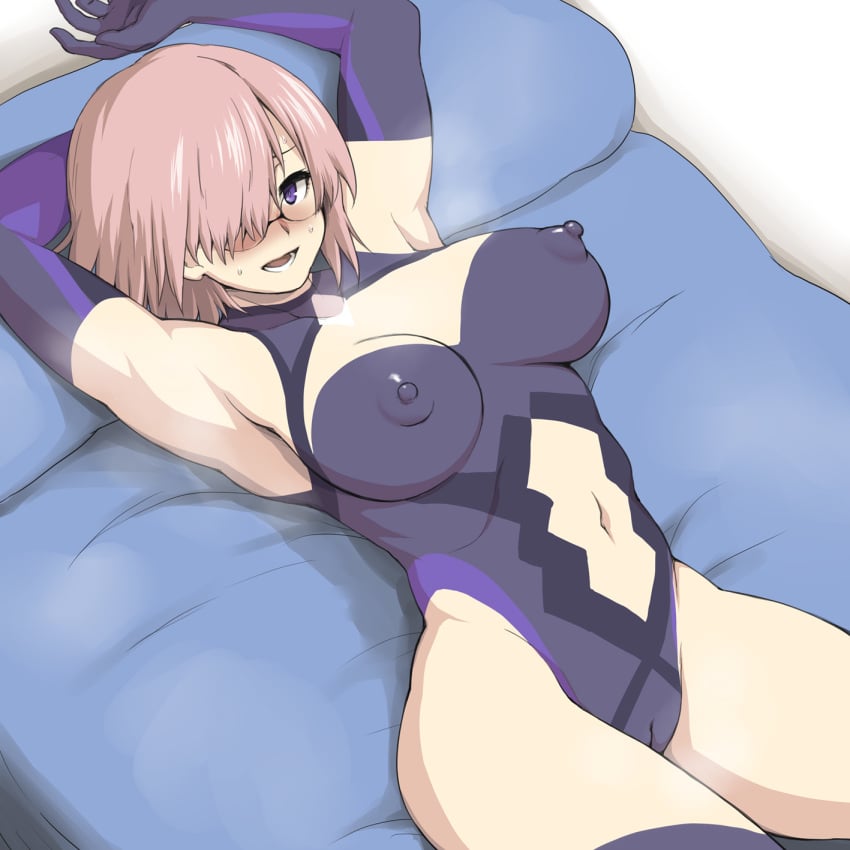 1girls 6q_(rokuku) :d arm_behind_head armpits blush bodypaint breasts cleft_of_venus clothing_skin erect_nipples false_clothes fate/grand_order fate_(series) female glasses hair_over_one_eye highres large_breasts looking_at_viewer lying mash_kyrielight mashu navel nipples nude on_back open_mouth painted_clothes pink_hair purple_eyes purple_hair pussy shielder_(fate) shielder_(fate/grand_order) smile solo solo_focus steam sweat sweatdrop tagme teeth type-moon uncensored