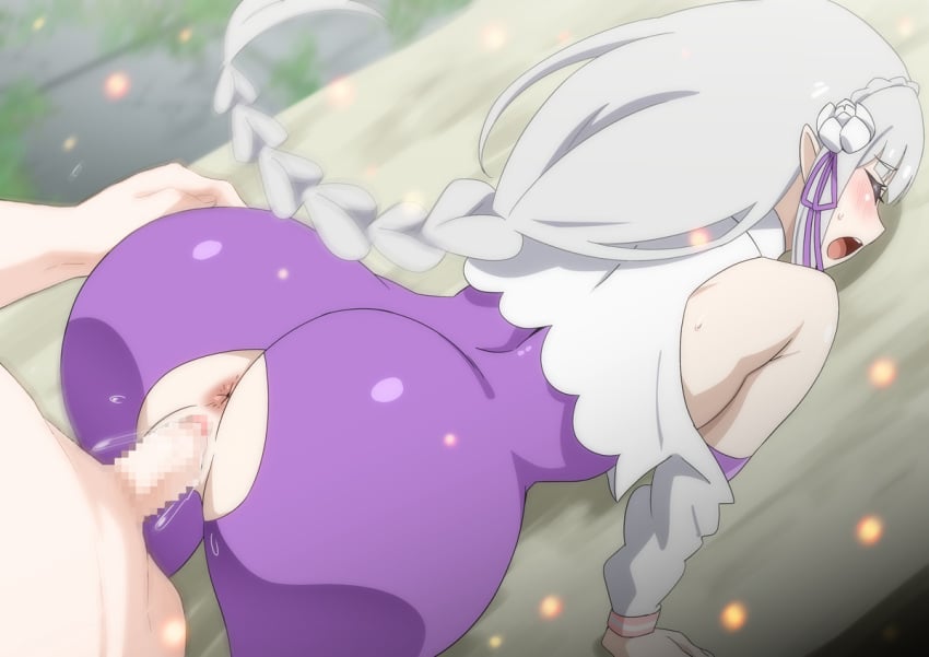 1boy 1girls cum elf emilia_(re:zero) female hara_(harayutaka) male navel penis re:zero_kara_hajimeru_isekai_seikatsu tight_fit tight_pussy tummy