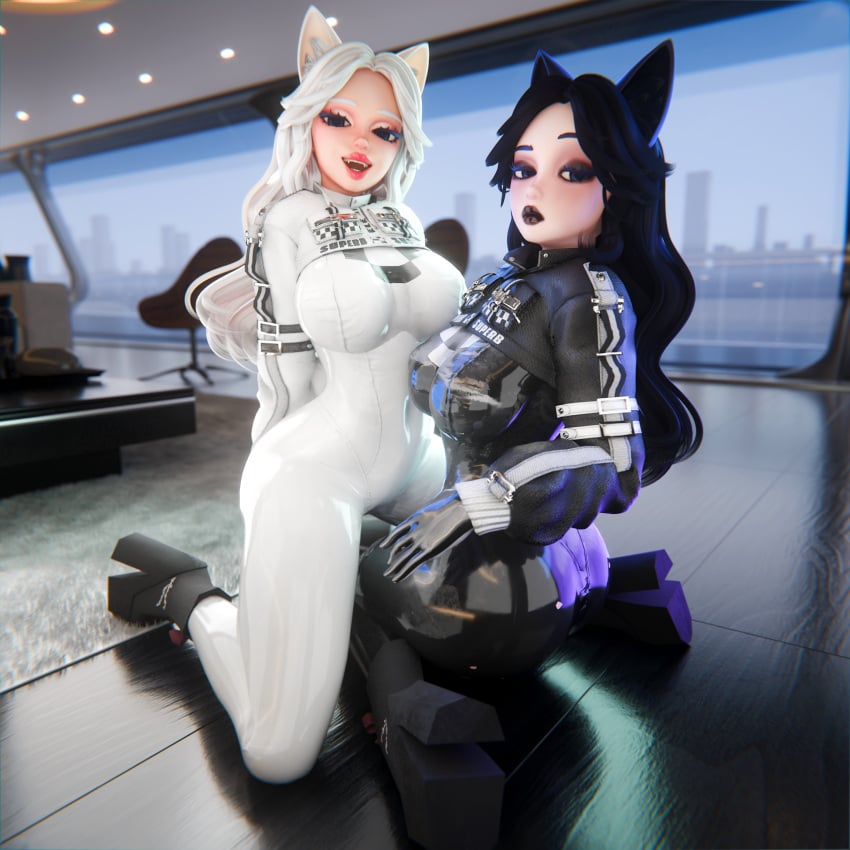2girls 3d 3d_(artwork) big_ass big_breasts black_hair blender blender_(software) blender_cycles blue_eyes cat_ears cat_girl catgirl goth goth_girl huge_ass huge_breasts latex latex_clothing latex_suit solek_x solga white_hair white_skin