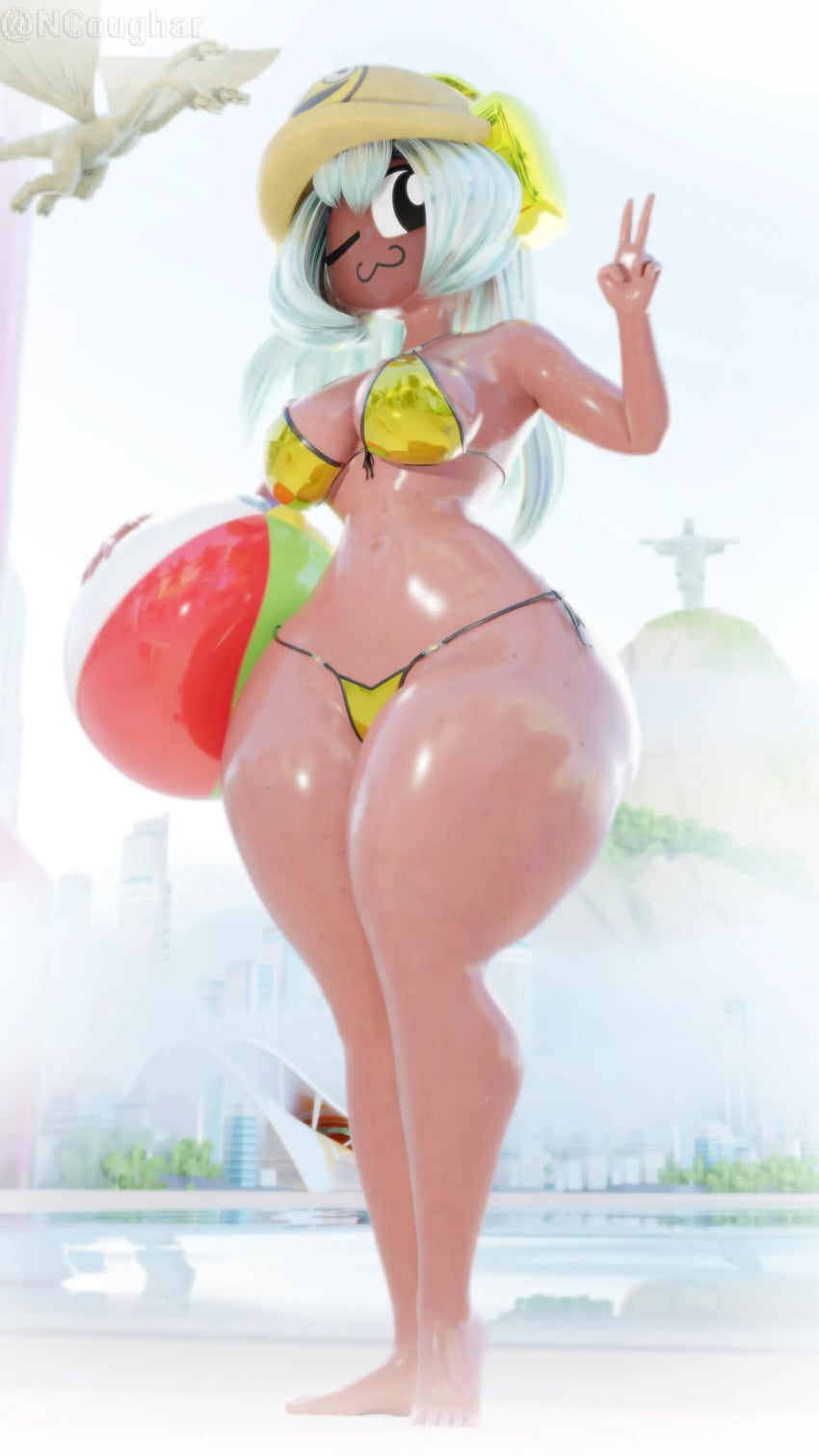 3d 3d_(artwork) adult_swim ass beach_ball big_ass big_breasts bikini blue_hair breasts brown_body dolly_dimpley gold_bikini golden_bikini golden_week half-dressed half_naked hat headphones inflatable_toy large_ass large_breasts ncoughar peace_sign smiling_friends tagme zh7even