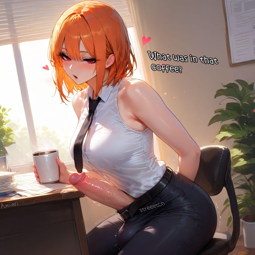1futa :o absurdres accidental_circumstance accidental_exposure ai_generated amiiari arm_behind_back arm_support arms_behind_back ball_bulge bare_arms bare_shoulders belt belt_buckle big_penis black_belt black_necktie black_pants blue_pants blush book brat breasts bulge bulge_through_clothing chair coffee coffee_cup collared_shirt cup denim desk disposable_cup distracted dripping dripping_penis dripping_precum english_text erection erection_under_clothes eyebrows_visible_through_hair futanari heart holding holding_cup holding_paper huge_penis indoors jeans lan_(amiiari) large_breasts large_penis long_penis looking_at_viewer massive_penis medium_breasts mug office_chair office_lady open_mouth orange_hair original_character pants paper parted_lips penis penis_to_the_knees precum precum_drip precum_string red_eyes shirt shirt_tucked_in short_hair sidelocks sitting sleeveless sleeveless_shirt solo steam table testicles thick_thighs twitching_penis unwanted_erection veins veiny_penis white_shirt