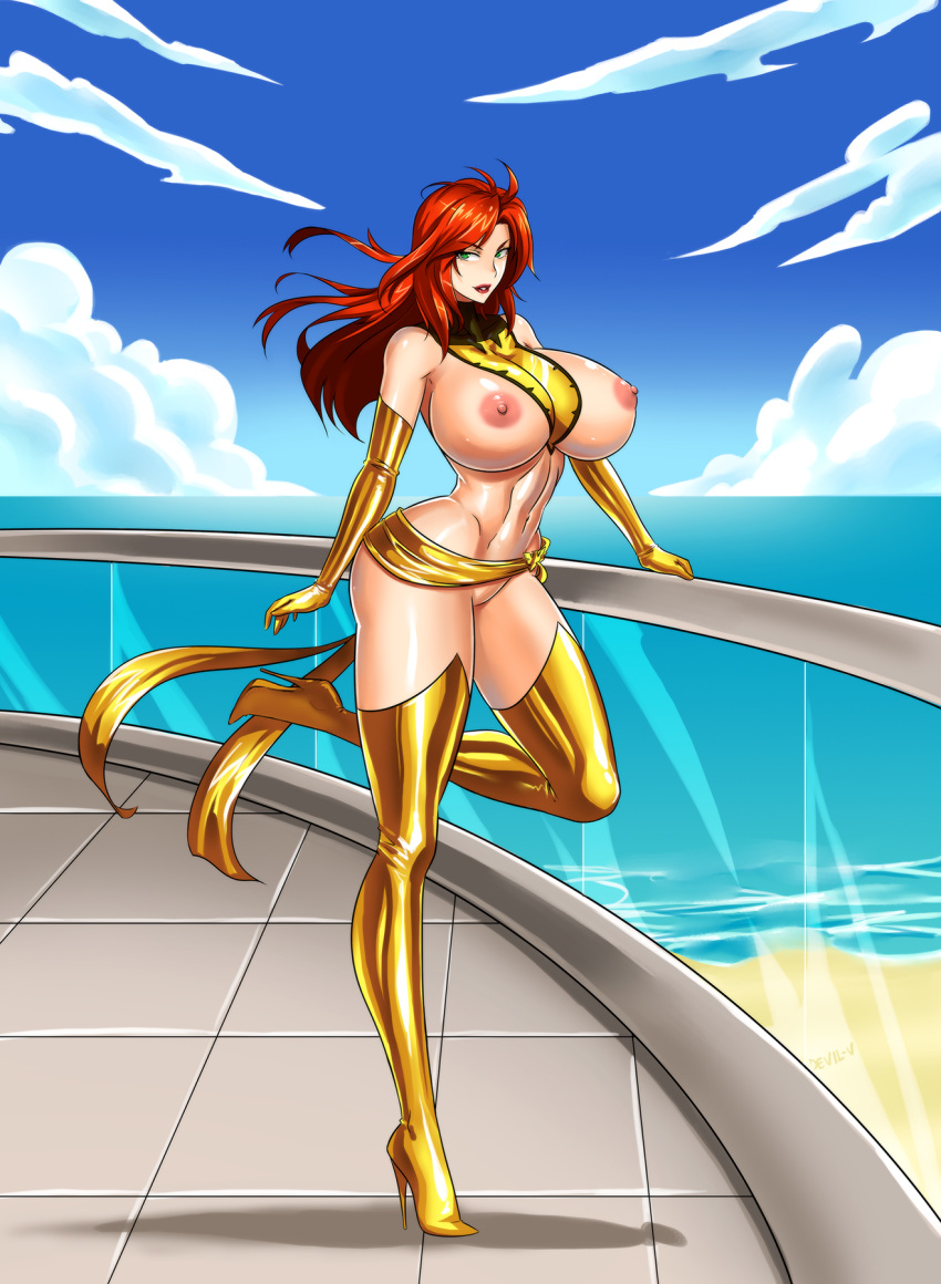 1girls beach boots breasts devil-v elbow_gloves female female_only gloves green_eyes high_heel_boots high_heels highres huge_breasts jean_grey long_hair long_legs marvel marvel_comics navel nipples nude ocean outdoors phoenix_(x-men) red_hair sash solo standing standing_on_one_leg thick thigh_boots thighhighs water x-men yellow_gloves yellow_legwear