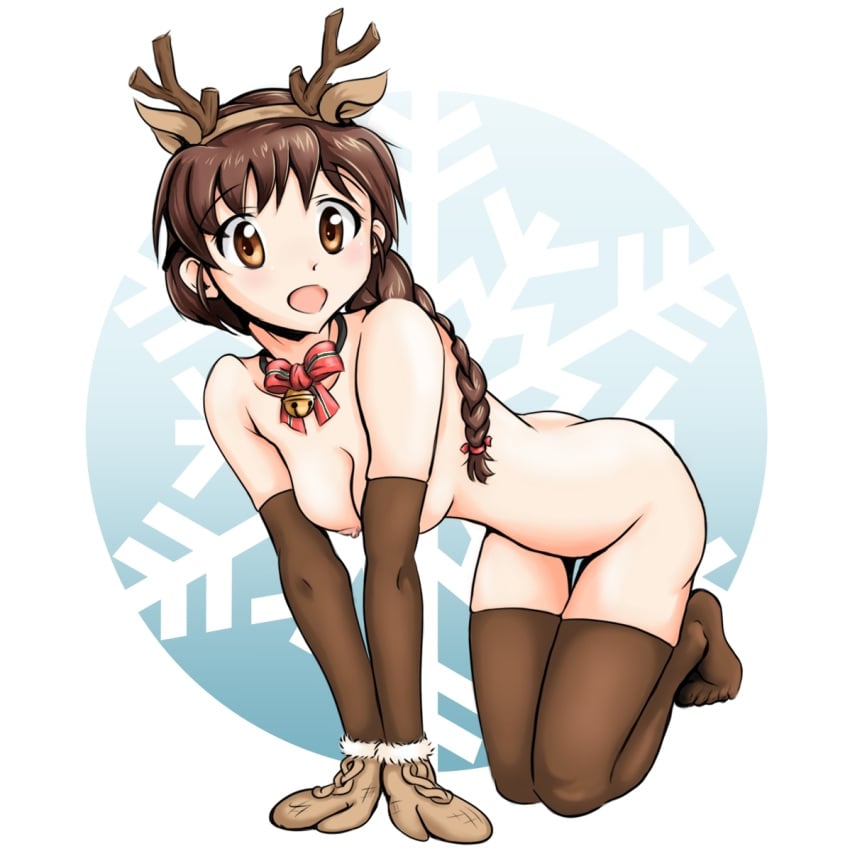 animal_costume animal_ears antlers ass bell bell_collar blush braid breasts brown_eyes brown_hair brown_legwear butt_crack christmas collar female girls_und_panzer gloves looking_at_viewer medium_breasts naked_stockings nipples nude open_mouth ponytail reindeer_antlers reindeer_costume reindeer_ears rukuriri simple_background smile snowflake_background snowflakes solo tail thighhighs underwear white_background