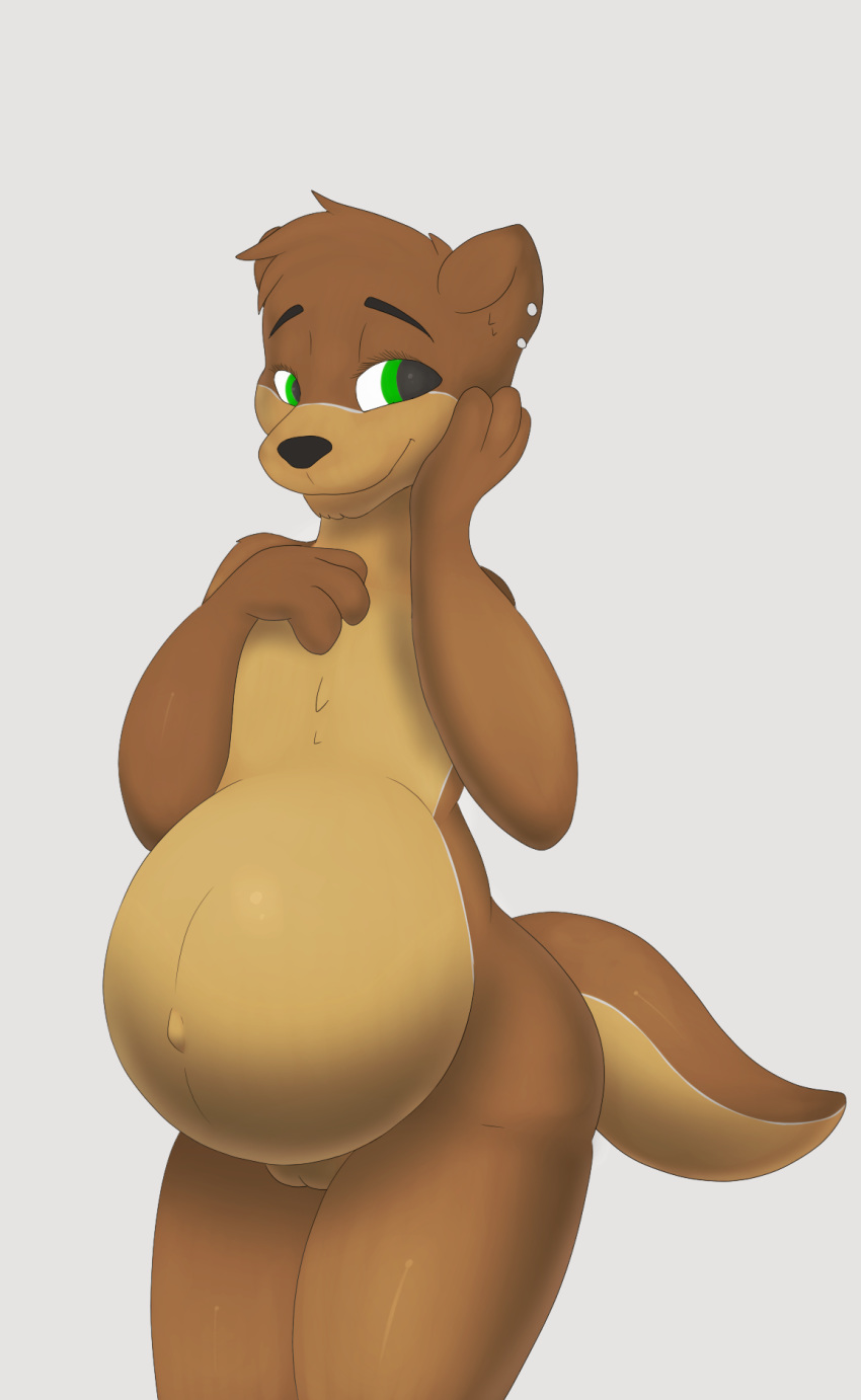 aaliyah_(j5furry) anthro belly big_belly female flat_chested furry green_eyes id_(artist) mammal mustelid nude original original_character otter outie_navel piercing pregnant pussy solo